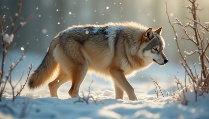 Obraz premium Majestic Wolf Strolling Through a Snowy Winter Landscape, Illuminated by Soft Sunlight, Showcasing its Thick Fur and Wild Beauty