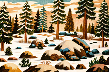 snowy field hill landscape with pine trees and stones abstract cartoon