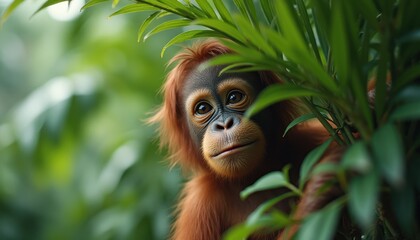 Obraz premium Enchanting Portrait of a Baby Orangutan Pondering in Lush Tropical Foliage, Displaying Intricate Details and a Warm, Natural Color Palette