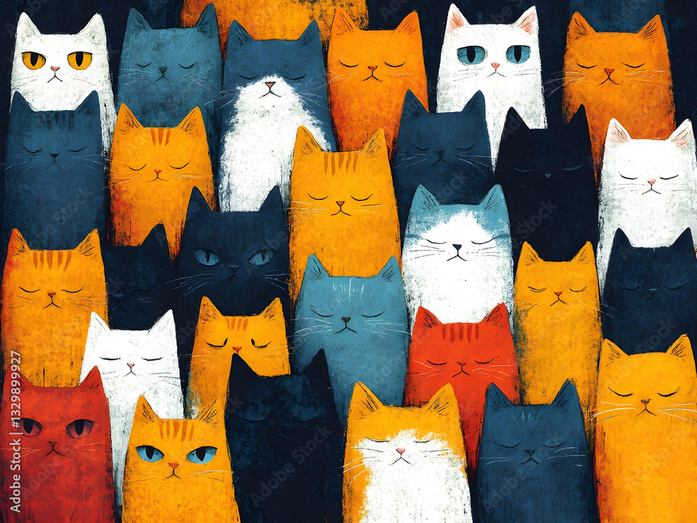 Poster a whimsical pattern of stylized cats in various colors creates a playful, eye-catching design perfec