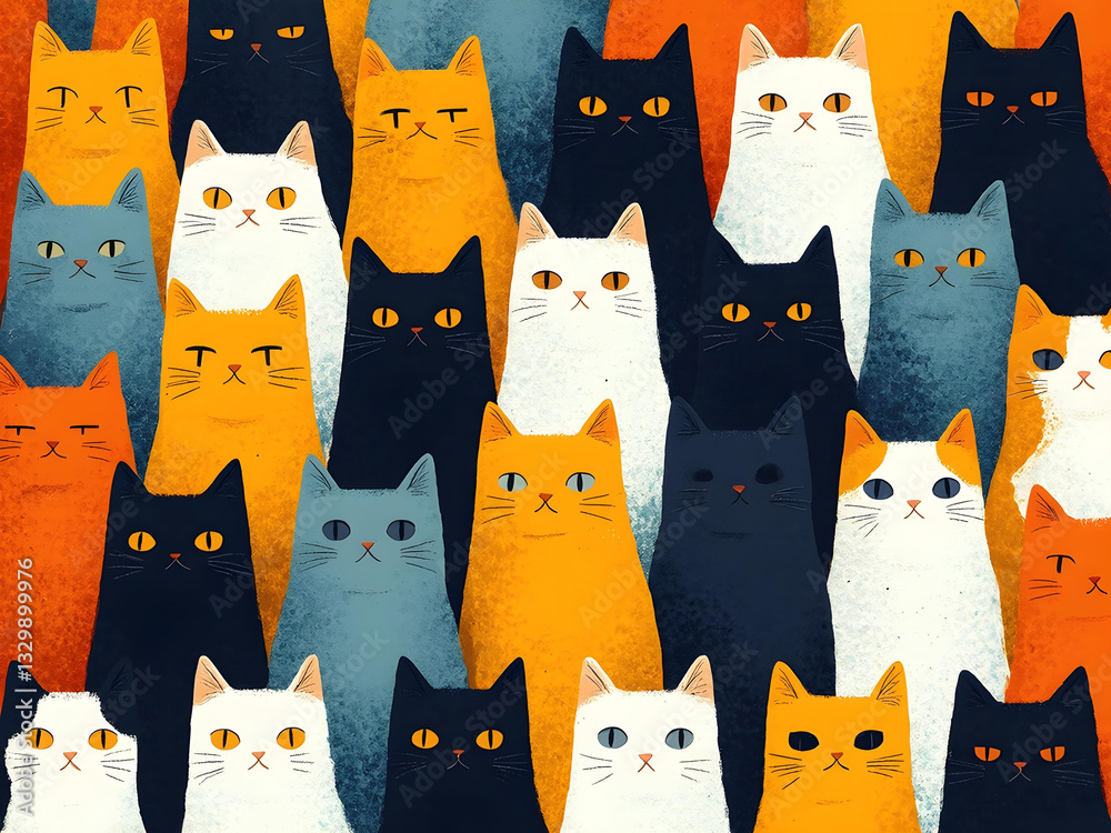 Poster a whimsical pattern of stylized cats in various colors creates a playful, eye-catching design perfec