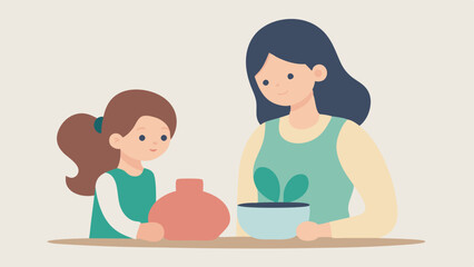 Fototapeta premium Mother's Day Pottery Fun: A heartwarming flat color illustration of a mother and daughter bonding while enjoying a creative pottery session together. Perfect for Mother's Day 