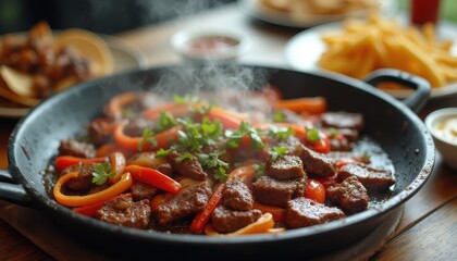 Fototapeta premium Steaming skillet of sizzling beef with peppers and herbs, close-up appetizing food photography