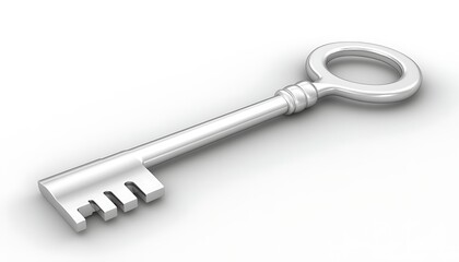 Shiny silver key laying on a clean white surface