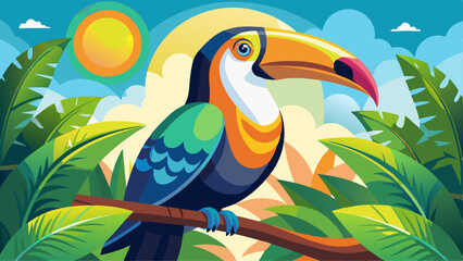 A colorful toucan perched on a vine, with its large beak shining under the sunlight.