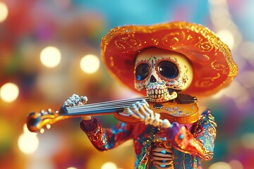 miniature people in Glossy shinny Intricate colorful Intricate golden, rule of thirds, banner design without text Day of the dead rule of thirds, corner right side 