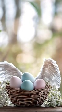 sfondo per un biglietto, cartolina animata con un cestino di uova di Pasqua; registrazione auguri pasquali