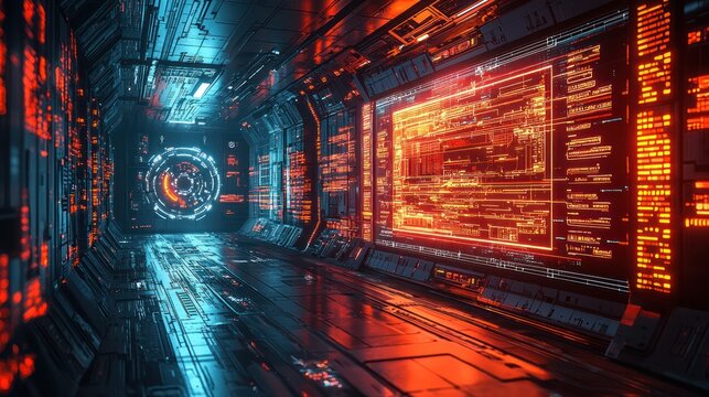 Futuristic spaceship corridor with glowing holographic displays