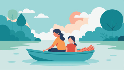 Naklejka premium Mother's Day Serenity: A heartwarming flat color illustration of a mother and daughter sharing a peaceful boat ride, symbolizing love, bonding, and the joy of motherhood. Perfect 