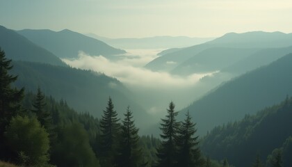 Obraz premium Majestic mountain landscape with evergreen forest and valley filled with low lying fog in soft morning light