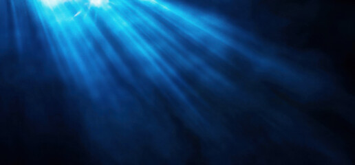 Blue beam of light illuminating dark background, creating serene atmosphere. soft rays evoke sense of calm and mystery, perfect for various creative projects