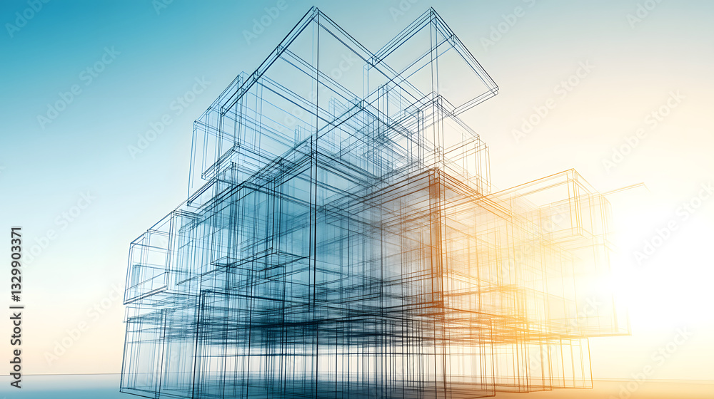 Poster unique modern building constructed with wireframe design showcasing innovative architecture and clea
