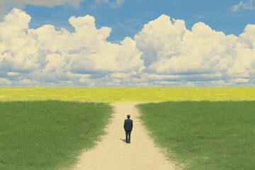 person in suit walks along path through vast green field under sky filled with fluffy clouds, evoking sense of decision making and confidence amidst chaos