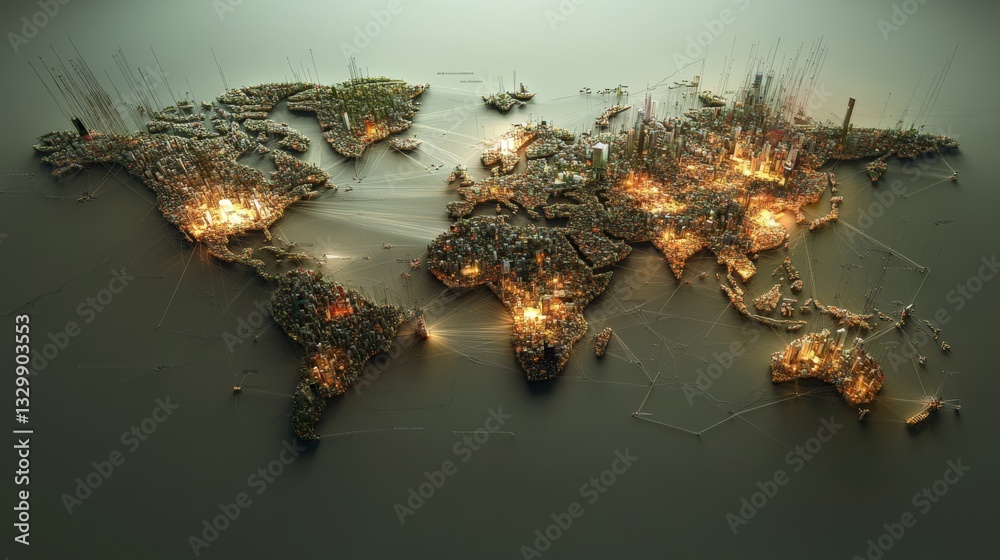 Poster mapping digital connections global gigapixel world map virtual aerial view nodes and networks