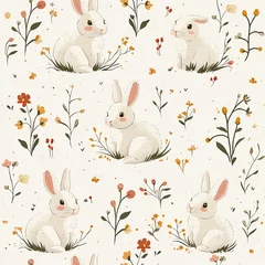 Wandcirkels Aquarel prints patronen Cute spring seamless pattern with hares with flowers on a white background. For the holiday bright Easter  © BloomPix