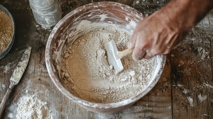Fototapeta premium A hand stirring cement mix in a bucket with a trowel, with sand and water nearby.