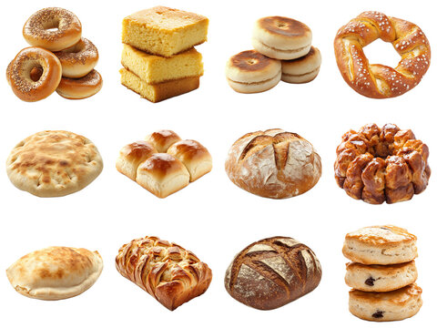 Freshly Baked Varied Bread Selection Displayed on White Background with Pastries, Sweet Breads, and Savory Delights Perfect for Food Lovers. Piquant food set.