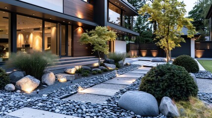 Modern Home's Serene Garden Design: A Zen-Inspired Landscape with Stone Pathway