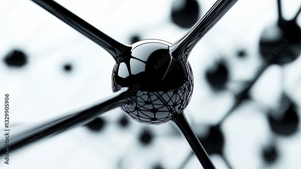 Poster Close up of a black sphere with a network of lines surrounding it. The sphere is surrounded by many other spheres, some of which are smaller than the main sphere