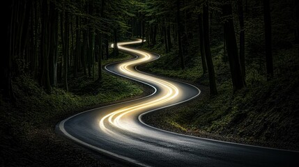 Fototapeta premium Night drive on winding road curves through lush forest long exposure photography serene environment captivating view