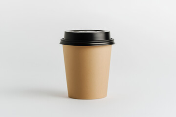 Brown Paper Coffee Cup with Black Lid on White Background