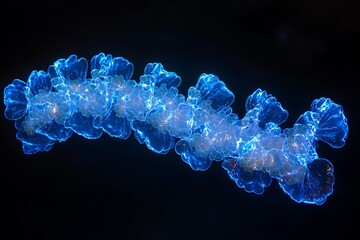 Glowing blue abstract DNA-like structure.