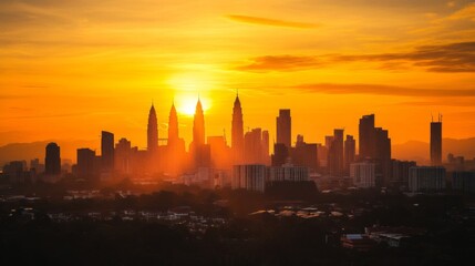 Obraz premium Orange Sunset Over City Skyline