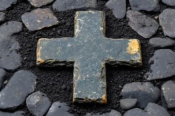 Stone cross, rocks, black sand, outside, religion, belief