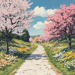 Beautiful view of a street with blooming cherry trees in spring