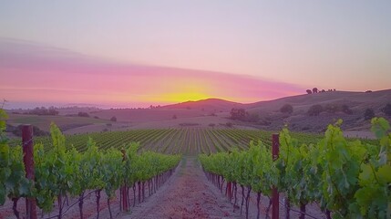 Naklejka premium Vineyard Sunset Rows of Vines at Golden Hour