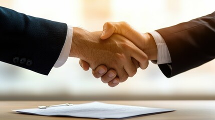 Business partnership handshake office table with documents professional environment close-up perspective for success