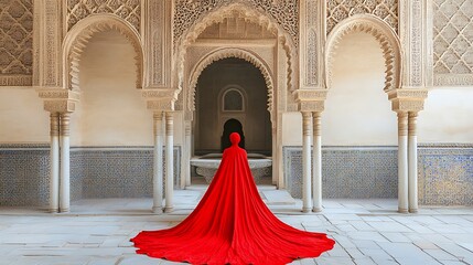 Woman in red robe walking in an ornate palace