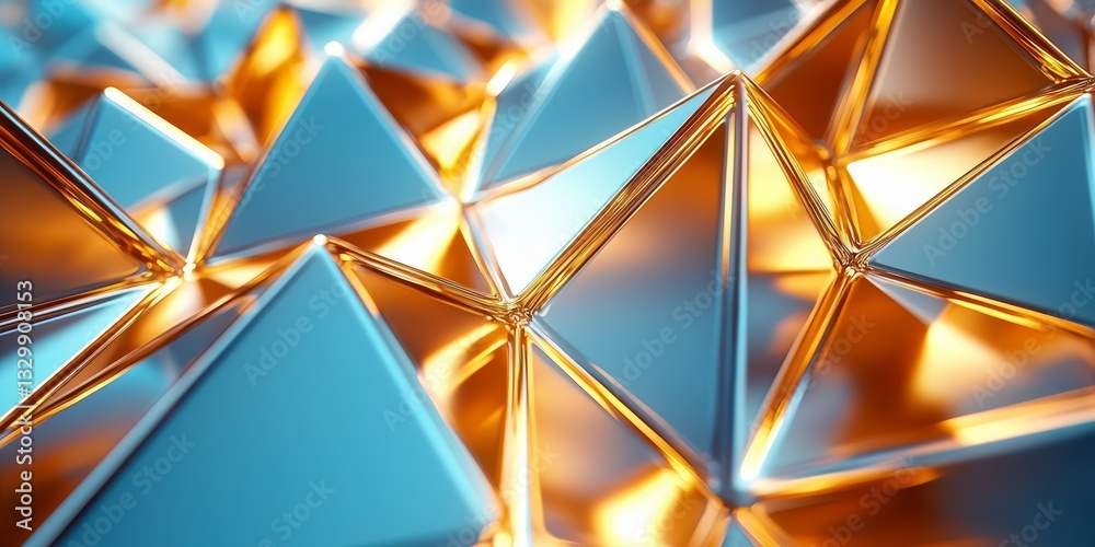 Poster Close up of a gold and blue geometric pattern. The gold and blue colors create a sense of depth and dimension, while the sharp angles of the triangles give the image a modern and sleek feel