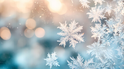 Delicate snowflakes on frosty glass windowpane, whispered, light. Whispering Light. Illustration
