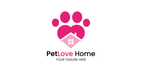 Fototapeta na wymiar simple and minimalist pet home logo design. logo with a combination of home, love and paw. suitable for pet shops and pet boarding places
