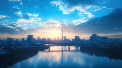 Naklejka premium stunning high angle view of Japanese city skyline at sunrise, showcasing iconic tower and serene river reflecting vibrant colors of sky