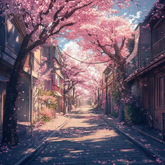 Beautiful view of a street with blooming cherry trees in spring