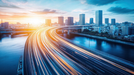 Obraz premium High angle view of Tokyo cityscape with vibrant sunset and flowing traffic. skyline features modern buildings and river reflecting colorful sky