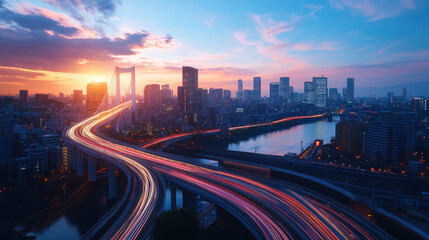 Fototapeta premium High angle view of Tokyo cityscape at sunset, showcasing vibrant lights and traffic trails along river. skyline features modern buildings and beautiful sky