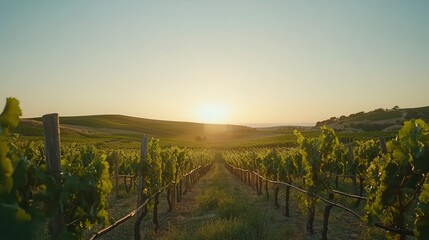 Golden Hour Vineyard Rows of Vines at Sunset