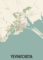 This is a detailed map of Yevpatoriya, a city located on the Crimean Peninsula. The map features a light beige background with a network of roads and streets in black.