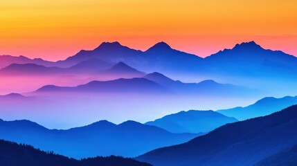 Fototapeta premium Breathtaking view of a serene sunset over layered mountains, showcasing vibrant colors in the sky. This tranquil scene captures the beauty of nature at twilight.