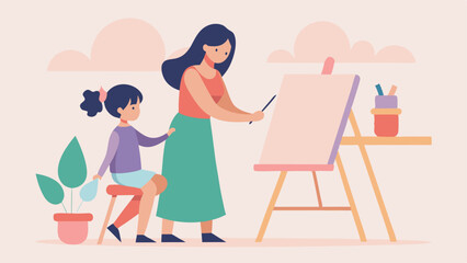 Mother's Day Joy: A heartwarming flat-color illustration of a mother and daughter creating art together on a large canvas. Celebrate the special bond between mother and child with 