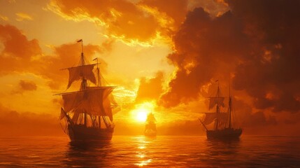 Golden Sunset Over Calm Ocean With Sailing Ships