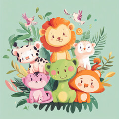 Fototapeta premium animals, icon, wild , forest, characters, child, children , cute, concept art, baby, baby room, toddler, paint , wall, 