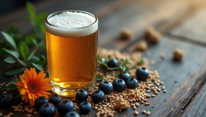 Refreshing craft beer with blueberries and flower on a rustic wooden table, capturing a moment of relaxation and summer vibes.