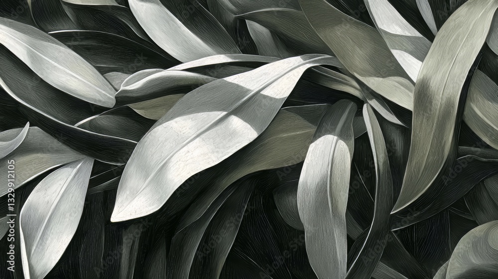 Poster close up of leaves with a black and white background. the leaves are all different sizes and shapes,