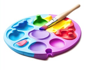 Obraz premium Art palette with paintbrush and a rainbow of colors on a white background, isolated