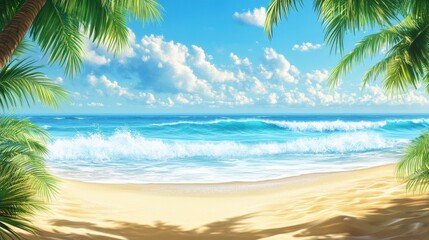 Vibrant summer beach illustration with a bright, sunny backdrop featuring waves, sand, and palm trees, evoking a tropical and lively atmosphere