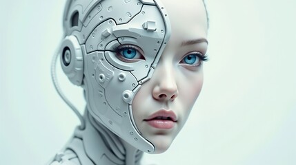 Futuristic humanoid robot with intricate design and striking blue eyes in a minimalistic setting